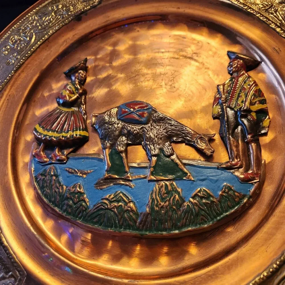 Vintage Peru Copper Metal Decorative Plate Handpainted